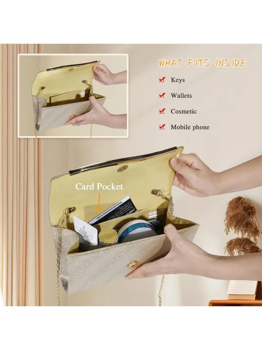 Women's Gold C Clutch Purse Formal Evening Bag Wedding Party Handbag